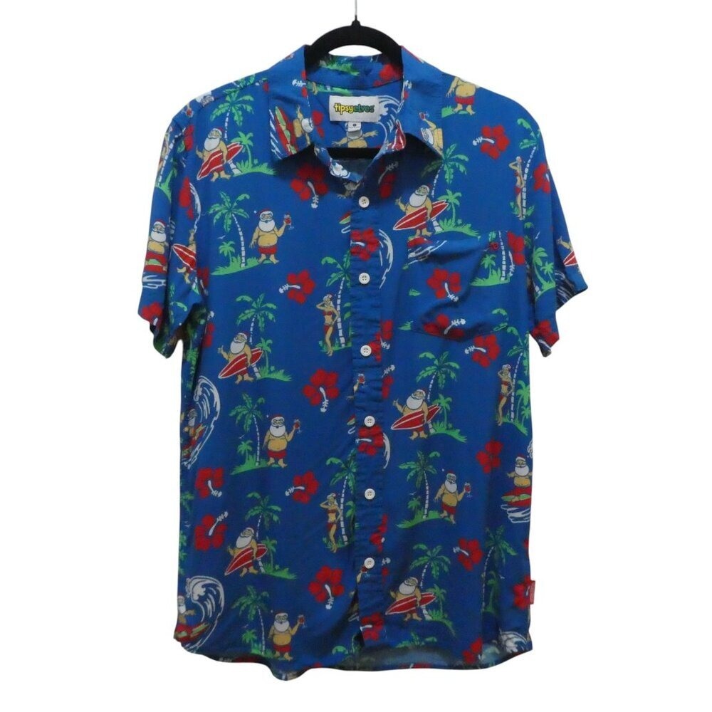 Tipsy Elves Surfing Santa Hawaiian Shirt Mens Small Blue Tropical Christmas